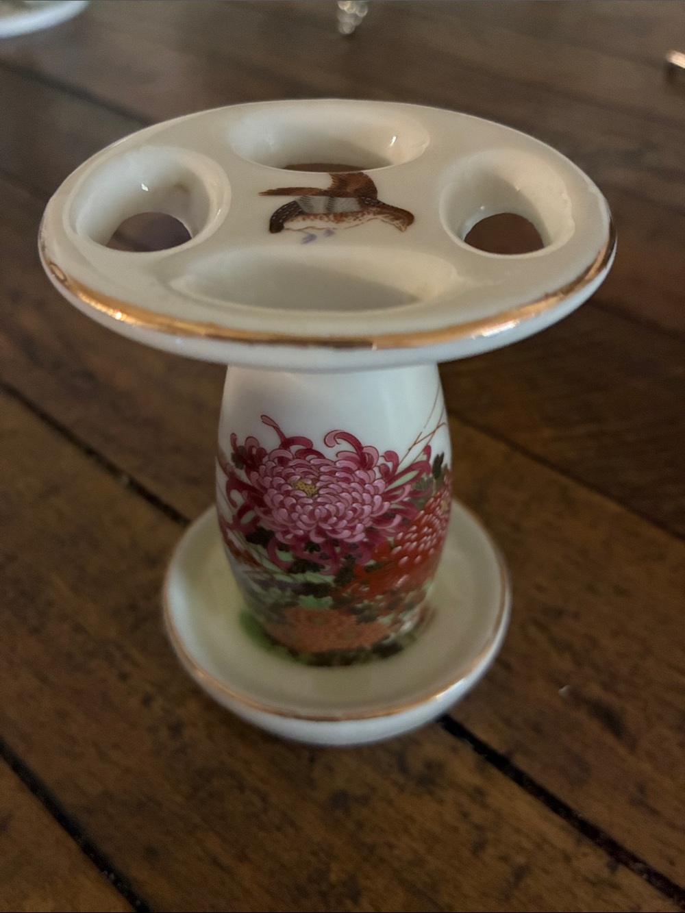 Porcelain Floral Toothbrush or Bud Vase Stand with Gold Trim
